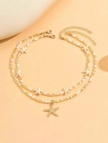 2pcs Vintage Bohemian Style Beaded Sea Star Pendant Double-Layer Necklace, Suitable For Women's Daily Wear, Party, Beach Vacation (Bead Colors & Quantities Random) - Multicolor - View 9