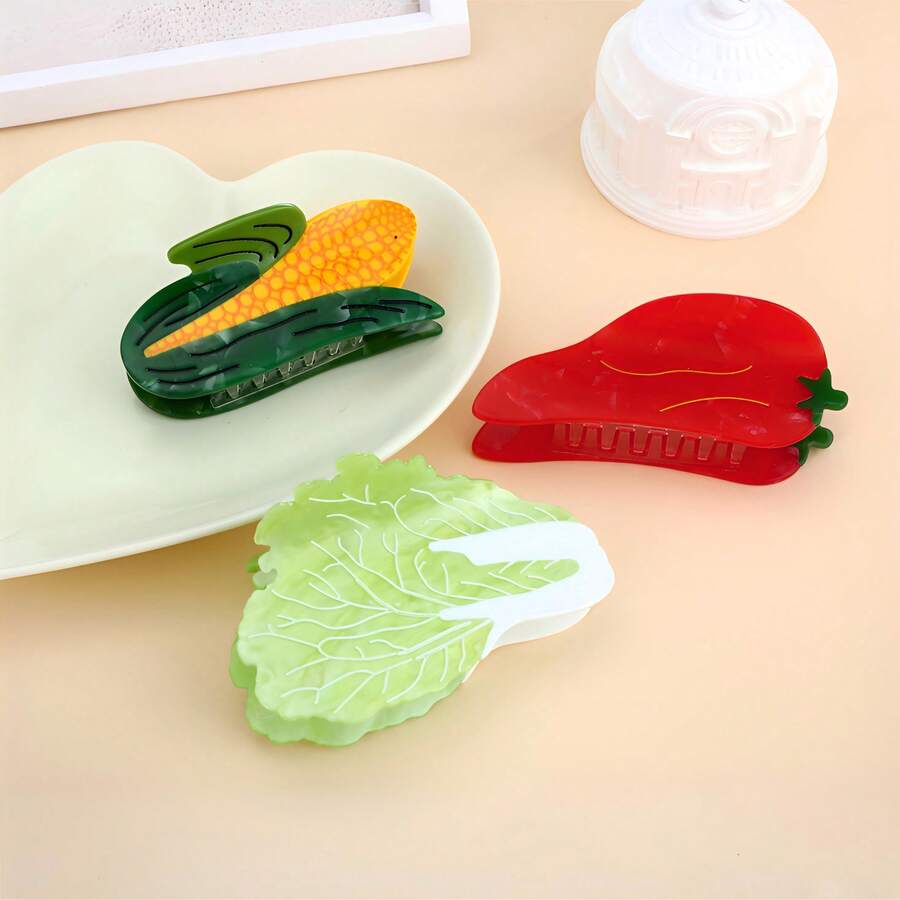 1个水果蔬菜图案休闲醋酸纤维发爪夹，适合所有季节 - 彩色 - 查看 1