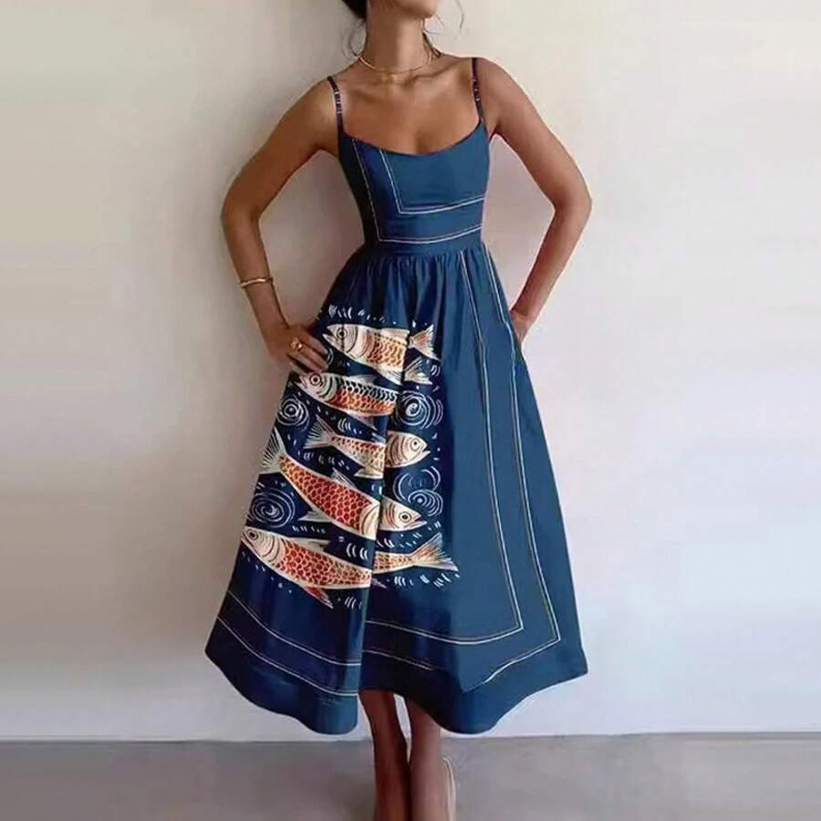 2026 Spring New Women's Clothing, Cross-Border European And American Dress, Sexy Waist-Cinching Pleated Solid Color Large Hem Strap Dress - Màu xanh đậm - Xem 1