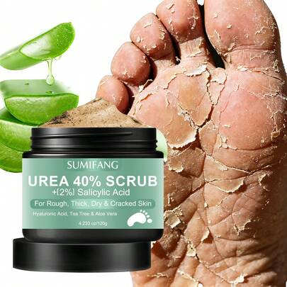  Kem tẩy tế bào chết cho chân SUMIFANG 40% Urea, chứa 2% Axit Salicylic, Axit Hyaluronic, Tinh dầu tràm trà và Nha đam, thích hợp cho gót chân thô ráp, dày, khô và nứt nẻ, 120g (4.233oz)