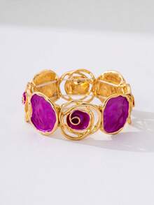 Colorful Painted Oil Geometric Rose Flower Elastic Bracelet, Fashionable Elegant Alloy Bangle For Women - Turquoise - View 9