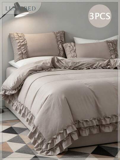 3pcs Bohemian Farmhouse Style Bedding Set, Taupe Ruffled Duvet Cover Set, Soft Microfiber Duvet Cover, Unisex, 1 Duvet Cover, 2 Pillow Shams (No Comforter Included)