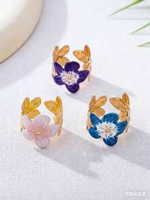 3件套镂空花朵可调节戒指，度假礼物 - 彩色 - 查看 2