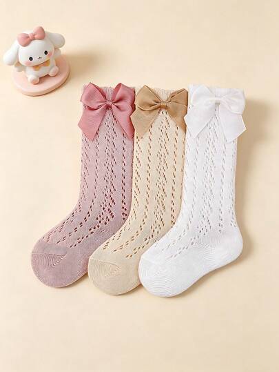 3 Pairs Girls' Cotton Blend Butterfly Decor Hollow Mid-Calf Socks, Sweet & Cute Princess Style, Suitable For Girls' Daily Wear, Spring/Summer