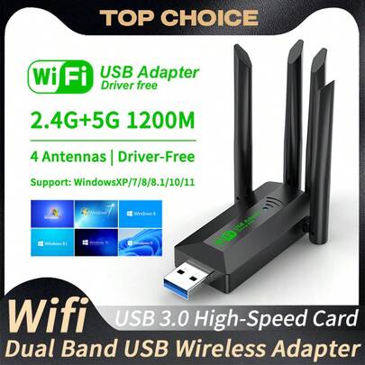 KZ 4-antenne 1200Mbps WiFi USB 3.0-adapter, 2,4G/5GHz dual-band WiFi-dongle met encryptie, draadloze netwerkkaart, compatibel met Windows 10/11, 802.11b/G/N