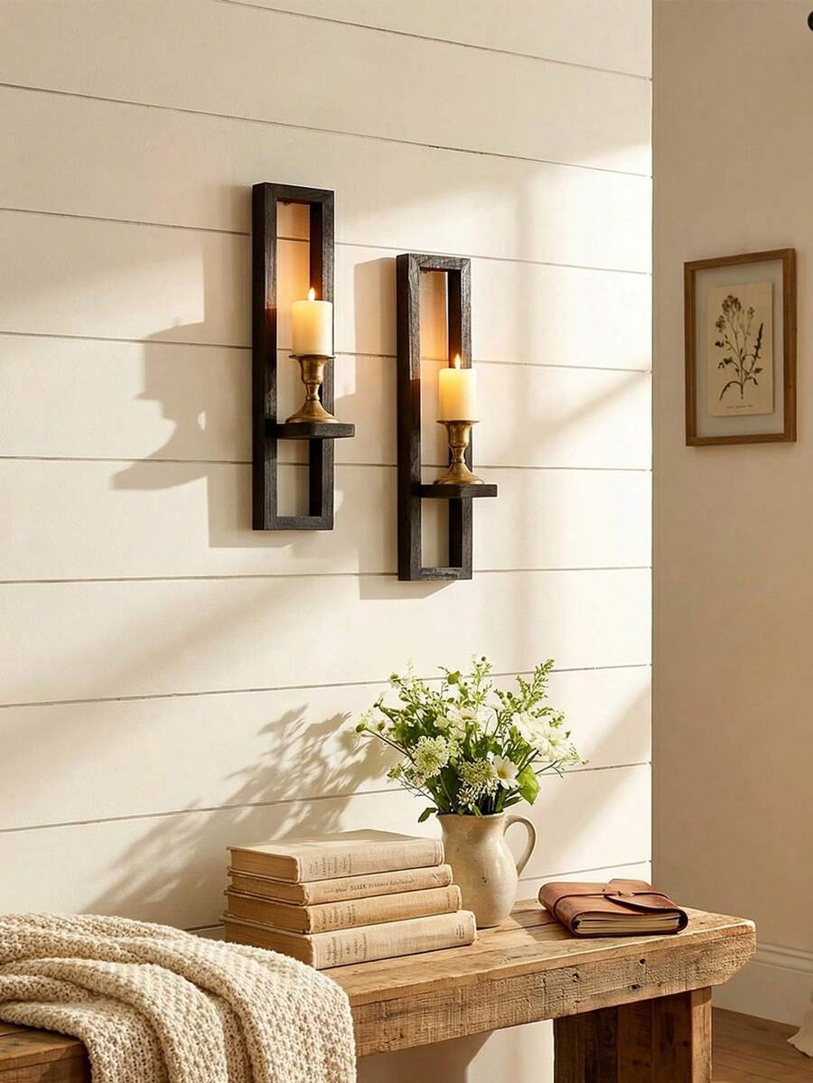 1pc/2pcs Vintage Farmhouse Style Wooden Wall Mounted Shelves, Black Minimalist Geometric Design, Suitable For Indoor Living Room Wall, Window Sill, Fireplace Mantel, Outdoor Garden Wall (Candles Not Included)