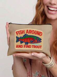 2D鱼群图案鳟鱼钓鱼化妆包，趣味钓鱼印花拉链化妆品收纳包，手提旅行洗漱包，可折叠轻便收纳袋，零钱包，拉链手拿包，化妆品收纳包 - 彩色 - 查看 17