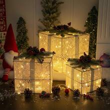 Juego de 3 Cajas de regalode Navidad con luz LED, Decoraciones para Regalos o Regalos de Exterior, Bajo El Árbol de Navidad Paquetes para Fiestas de Interior (Multicolor-C) - Blanco - Ver 13