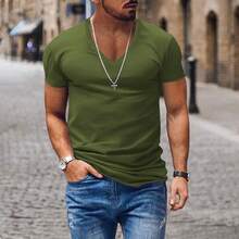 T-shirt da uomo estiva, scollo a V, tinta unita, vestibilità slim, leggera, maniche corte, abbigliamento casual da uomo - Bianco - Visualizzare 10