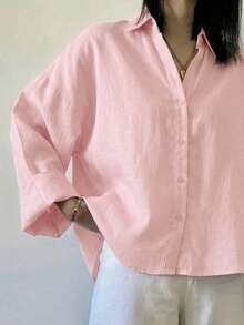 Camisa de mujer de poliéster a rayas con hombros caídos, manga larga y cuello, diseño de botones delanteros, longitud regular, tela sin estiramiento, top rosa - Rosa - Ver 3