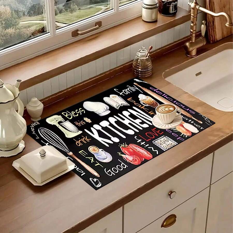 1 pieza Alfombrilla de secado de platos y tazones para la cocina con estampado de patrón de café, súper absorbente que oculta las manchas, con respaldo de goma, multiusos para comedor y cocina, adecuada para cafetera, tazones, platos y rejilla de secado - HL LSD604 - Ver 1