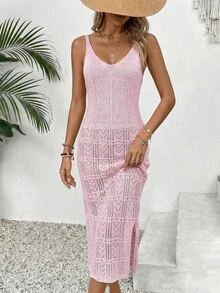 Elegante vestido de mujer de punto con abertura, sin mangas, cuello en V, ajustado, con diseño calado - Rosa Pálido - Ver 3