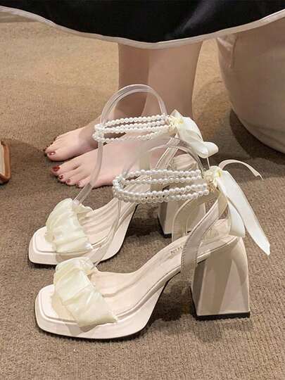 MODA beige Sandalias para con diseño de perla artificial con diseño fruncido con tacón grueso Sandalias con correa en el tobillo