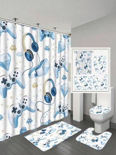 1/4pcs Gaming Theme Shower Curtain Set, Classic Video Game Controller Pattern Shower Curtain, Bathroom Curtains, Includes Non-Slip Mat, Toilet Lid Cover, Rug And 12 Hooks, Classic White And Blue Bathroom Decor Set