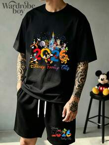 Disney Licensed Short-Sleeve Printed T-Shirt And Shorts Set, Men's Two-Piece Set, 2026 Mickey Mouse Family Cartoon Printed T-Shirt And Shorts Set, Suitable For Family Outings And Vacations. Unisex. Comfortable And Breathable. - 黑色 - 查看 1