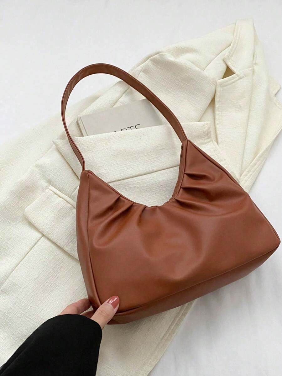 Fashionable One Shoulder Bag, Spring/Autumn New Arrival, Solid Color Pleated Fresh Handbag, Underarm Bag With Texture - Brown - View 1