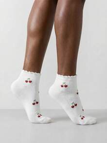 1/5 pares de calcetines invisibles versátiles con volantes de cereza para mujer, primavera/verano, suaves y cómodos, estilo escolar dulce para uso diario - Multicolor - Ver 4