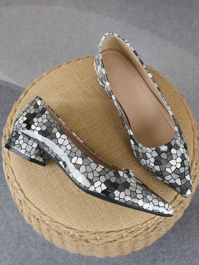 2026 New Pointed Toe 3cm Thick Heel Pumps, Colorful Printed Slip-On Women Shoes, Fashionable & Versatile For Work, Dating, Office Wear