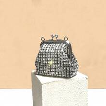 Ví đựng tiền xu mini đính pha lê lấp lánh, ví đựng tiền xu thủ công có dây đeo ngắn. - Bạc - Xem 10