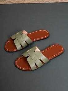 Sandalias de mujer con textura de lujo y brillo dorado, diseño minimalista hueco, suela plana ligera, sensación cómoda en los pies, adecuadas para estudiantes, trabajadoras de oficina, mamás, salidas diarias, reuniones, viajes, fotografía, combinables con trajes, pantalones anchos, vestidos de té francés, conjuntos de sudadera casual, transpirables, fáciles de poner, sin ampollas, versátiles, elegantes, para uso al aire libre - Verde militar - Ver 9
