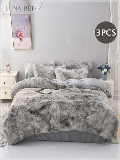 3pcs Set Gray Tie-Dye Faux Mink Fleece Bedding Set, Soft Comfortable Warm, Suitable For Bedroom And Guest Room, Without Filling. Slight Shedding Of Long Fleece Is Normal, Will Improve After Washing.