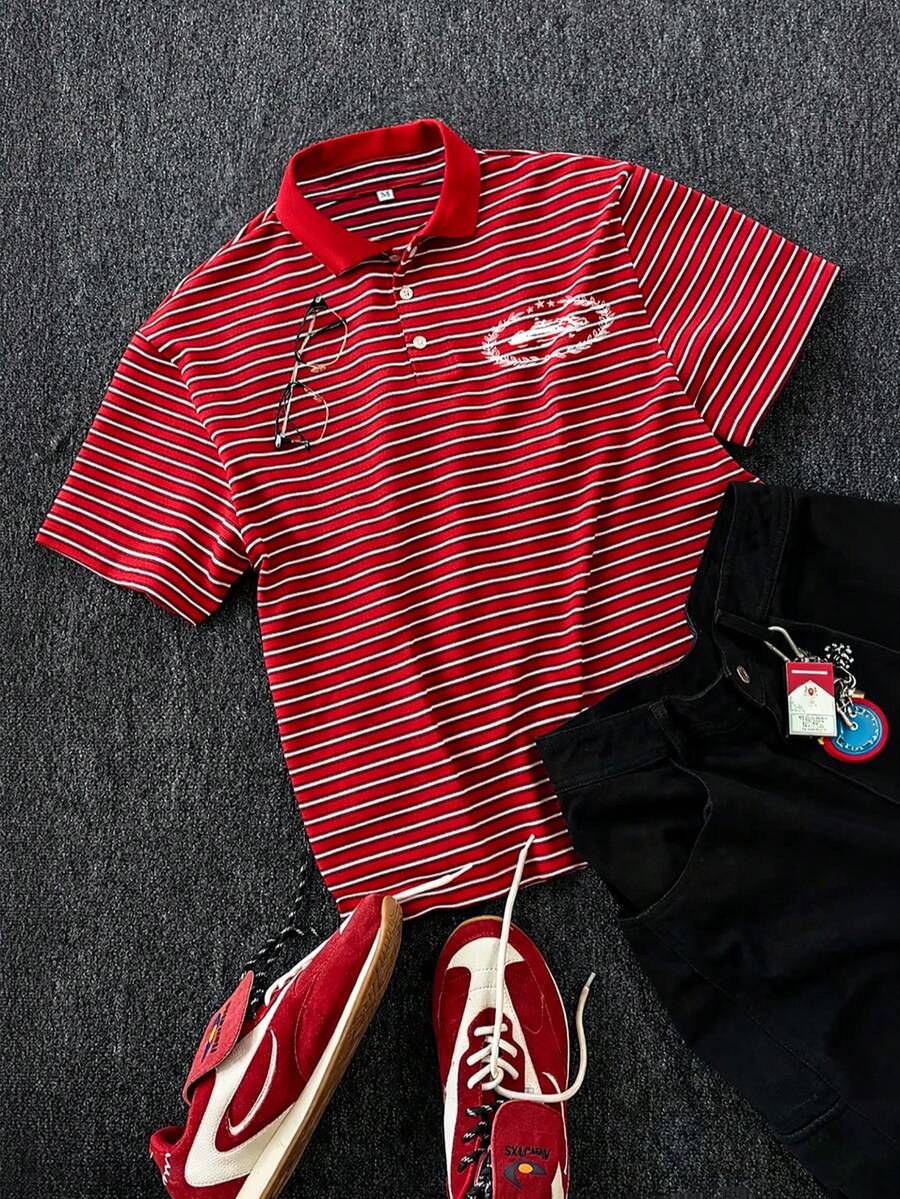 男士夏季薄款条纹半开襟短袖休闲Polo衫 - 彩色 - 查看 1