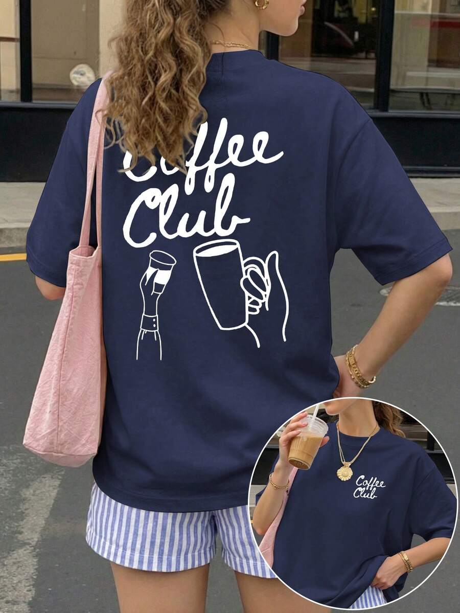 Áo thun nữ Coffee Club in họa tiết oversized tay ngắn phong cách casual thời trang mùa hè, áo thun graphic, chất vải mềm, mặc ngoài trời, họa tiết in, áo thun mùa hè, áo thun nữ, áo top, mùa hè, đi nghỉ, phong cách du lịch, vibe bãi biển, thời trang resort tối giản - Màu xanh bụi bặm - Xem 1