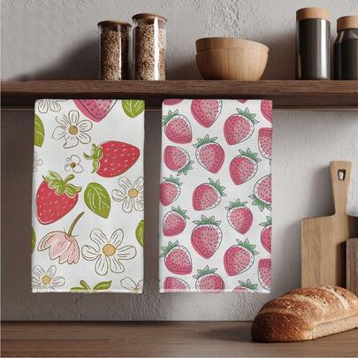 2 khăn lau bếp, họa tiết hoa và dâu tây hiện đại, kích thước 40*60cm, chất liệu microfiber siêu mềm, thích hợp cho nhà bếp, phòng tắm, quà tặng tân gia, giá trị tuyệt vời.