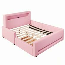 Full Size Bed Frame With Drawer, PU Leather Upholstered Platform Bed With LED Lights For Girls, Princess Bed With Safety Guardrail, Headboard With USB Ports, No Box Spring Needed, Pink - Full Size-Pink - View 6