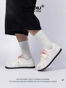 HUANQIU 2025新款女士滑板鞋，1双时尚透气系带休闲鞋，适合居家、办公、户外穿着，轻便舒适，白色系带软底运动鞋，休闲鞋，跑步鞋，圣诞苹果红，四季皆宜 - 粉色 - 查看 5