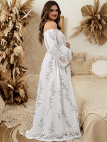Maternity Off-Shoulder Embroidered Lace Dress, White Loose Flowing Pregnancy Gown, Plus Size Everyday Maternity Dress Fall - White - View 4