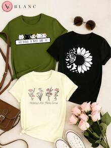 Set Of 3 Blouses With Kitten, Flower, Heart, And Animal Print -  - 100% Cotton - Plus Size. - C/BLACK/WHITE/GREEN - View 1