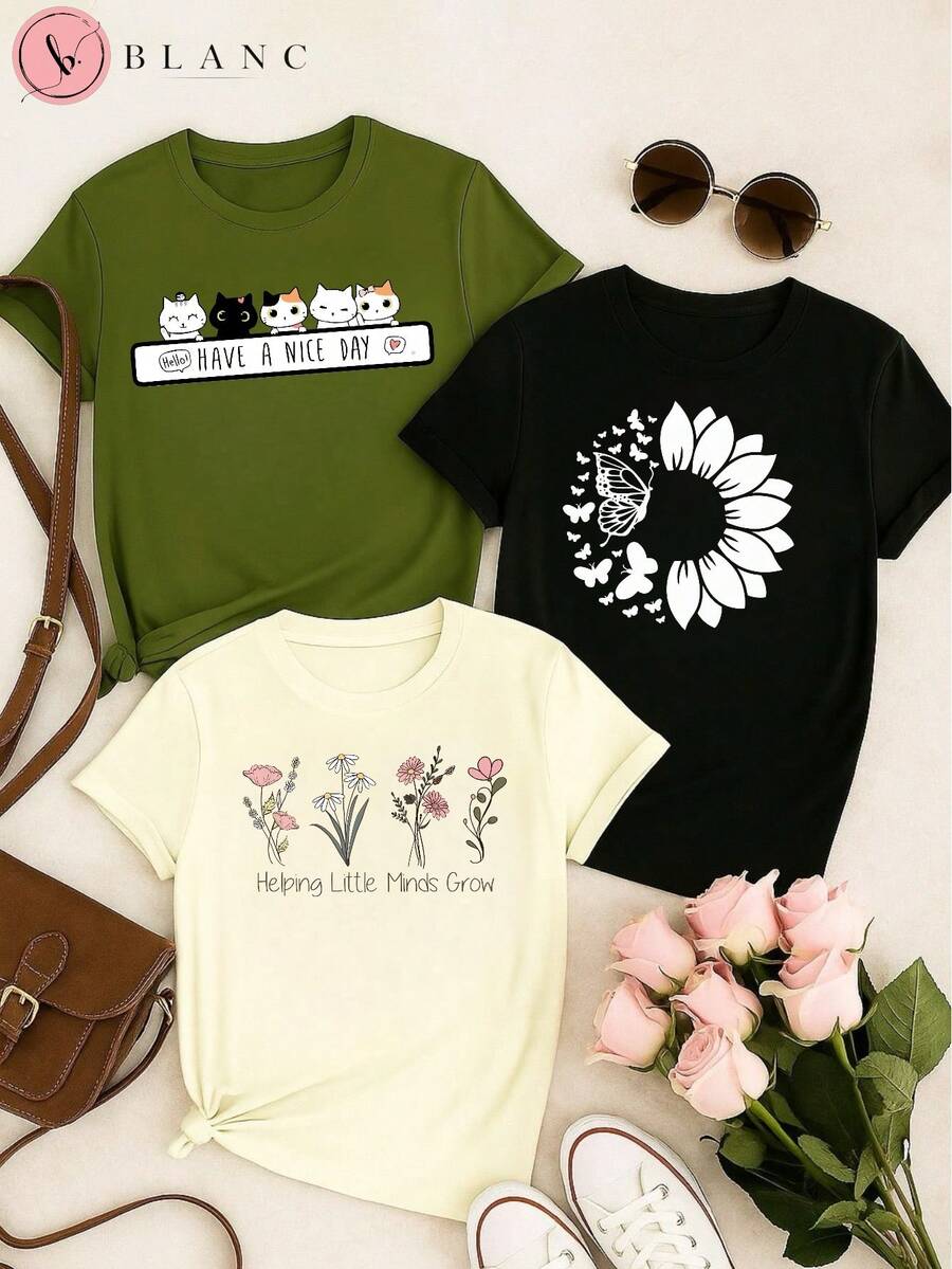 Set Of 3 Blouses With Kitten, Flower, Heart, And Animal Print - - 100% Cotton - Plus Size. - C/BLACK/WHITE/GREEN - View 1