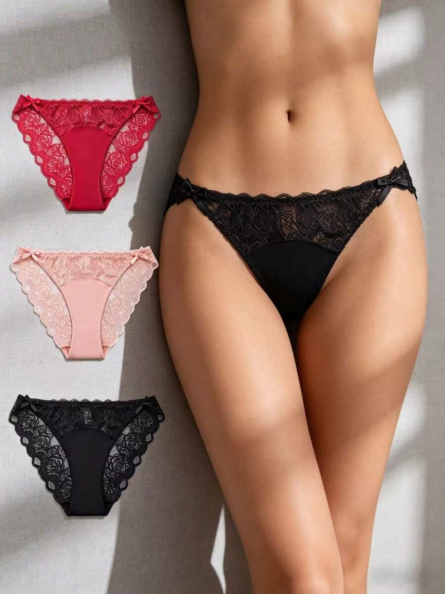 3件套女士性感蕾丝蝴蝶结三角内裤，柔软舒适，日常穿着 - 彩色 - 查看 1