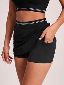VUTRU 2-In-1 High Waist Sports Skirt With Pockets, A-Line Tennis Skirt - Black - View 2