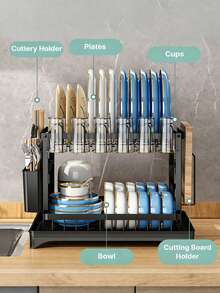 2Layer Double Layer Heavy-Duty Metal Bowl Rack With Drainage Board, Cutlery Rack, And Cup Hook | Space Saving Countertop Bowl Rack, Adjustable Plates, Pots, Pans, And Sturdy Kitchen Storage Rack - Black - View 3