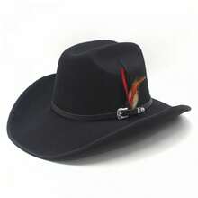 Vintage Felt Cowgirl Hat Women Men Panama Fedora Hat With Feather Belt Buckle For Party Travel Accessories - Black - View 6