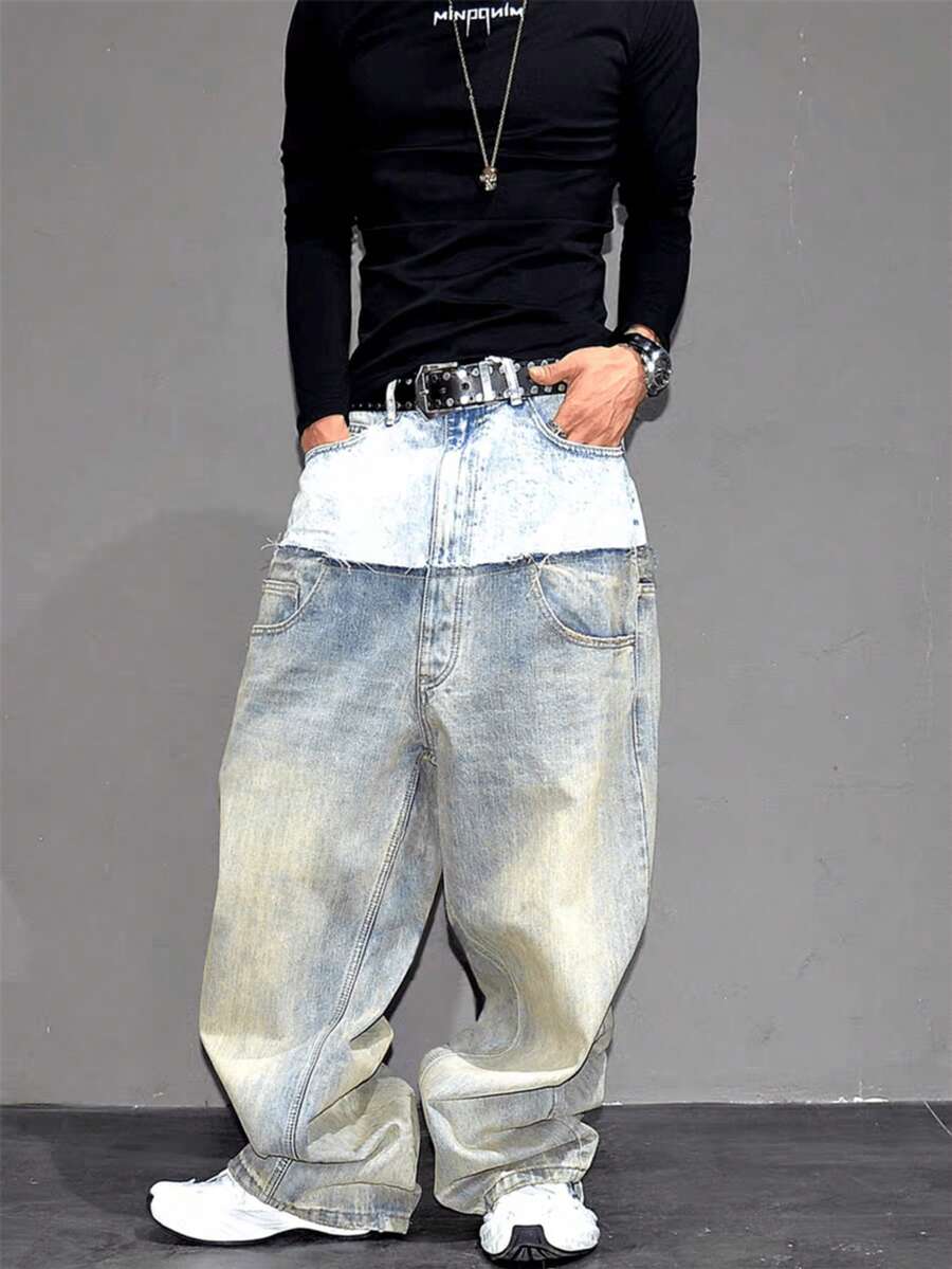 2026 New Vintage Heavily Washed Patchwork Ombre Relaxed Fit Straight Leg Jeans - Blue - View 1