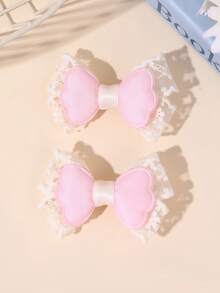 2pcs Soft Color Fabric Lace Bow Hair Clips For Girls, Cute Pink Hair Accessories For Spring/Summer Casual, Wedding, Party, Lace Fairy Hair Clips For Baby - Multicolor - View 7