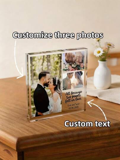 1 khối ảnh acrylic tùy chỉnh với hình ảnh và văn bản cá nhân hóa, trong suốt như pha lê, có thể đứng độc lập, vật kỷ niệm trang nhã cho những khoảnh khắc cưới hoặc kỷ niệm thường nhật, vật trang trí bàn làm việc hoặc kệ sách đầy phong cách, món quà ý nghĩa dành cho các cặp đôi và gia đình.