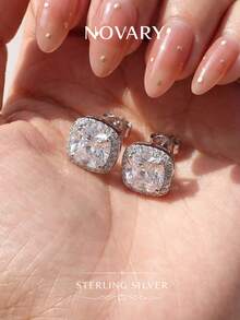1 Pair Square Crystal Zirconia Stud Earrings, 925 Sterling Silver Material, Lightweight & Luxurious, High Quality, Suitable For Daily Wear, Special Occasions And Birthday Gifts - Super Shiny Square Earrings - View 2