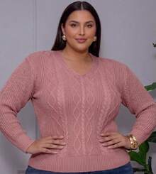 Blusa Plus Size Tricot Suéter Feminino em Decote V Manga Longa Trabalhada Moda Inverno 2026 - Nude - Visão 2
