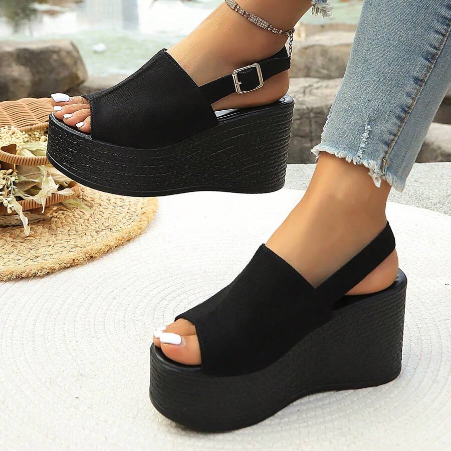 Platform Wedge Sandals Women, Waterproof Thick Bottom Flatform Shoes, Open Toe One-Strap High Heels, Plus Size Slimming Shoes, Versatile Elevated Shoes For Date, Party, Daily Commute With Dress - Black - View 1