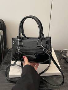 2026 New Solid Color PU Patchwork Zipper Handbag, Minimalist Fashion Outdoor Personalized Small Square Bag, Versatile Shoulder Crossbody Bag With Adjustable Strap - Black - View 7