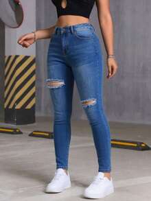 Women's Skinny Denim Jeans With Elastic Mid-Rise Knees, Butt Lifting Pants - Blue - View 11