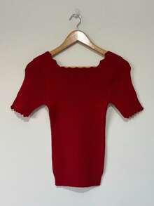 Women's Romantic Ribbed Modal Knit Blouse With Square Neckline And Short Sleeves. - Red - View 1