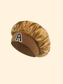 1pc 26 Letters Satin Sleep Cap With Elastic Wide Band, Silky Hair Care Cap Suitable For Women Night Sleep, Travel, Hair Salon Care And Daily Hair Care - Khaki - View 6