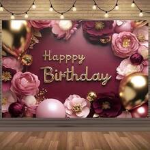 1pc Pink Princess Birthday Party Background Cloth, Polyester, Floral Balloon Birthday Party Background Banner Featuring Crown Pearl Gift Box Design, Cake Table Decor, Photography Backdrop - 1pc-39*59in/100*150cm-style F - View 2