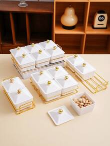 1 Set Square Plate Snack Dish On Gold Tray, Tray Set For Snacks, Candy, Dried Fruit, Cookies, Suitable For Holidays, Celebrations, Weddings, Parties - White - View 4