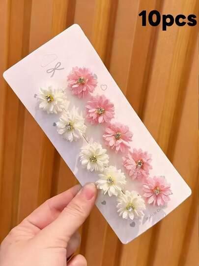 10-Piece Set Of Adorable Rhinestone Daisy Hair Clips, Decorative Hair Accessories For Girls, Suitable For Everyday Wear.